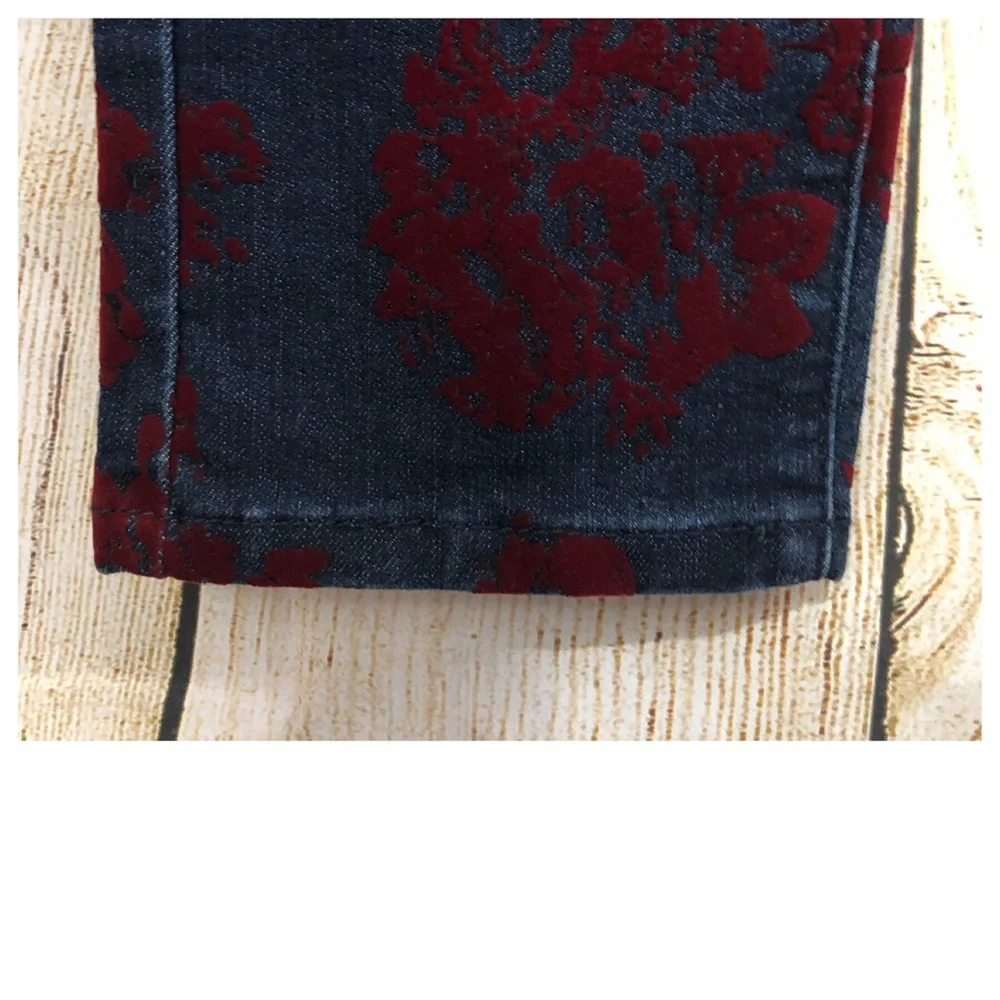 Decree Jeans Skinny Burgandy Velvet‎ Abstract Pattern Low Rise Goth Grunge Y2K